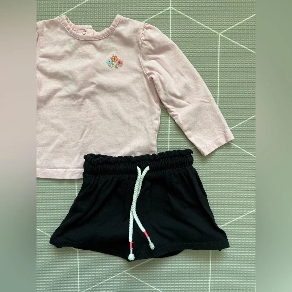 Little Me|Baby girl/toddler summer set,light Pink Long-Sleeve Top & black skort•
